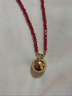 Gold Sphere Pendant Necklace with Red Beaded Chain